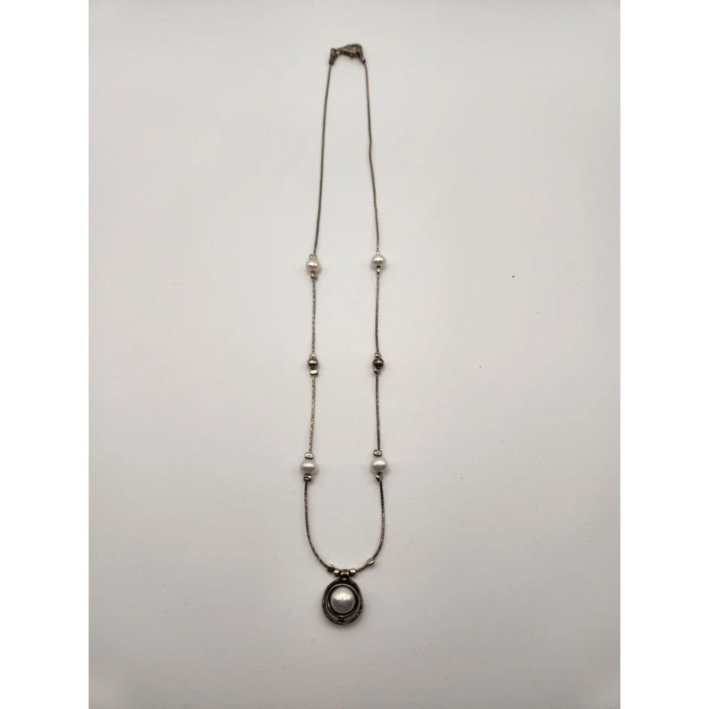 Hagar Satat Israel Sterling Silver 925 Pearl Station Necklace Pendant 17 Inch‎